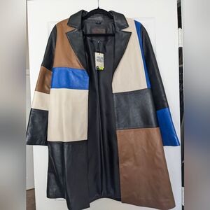 NWT Mashad Leather Patchwork Real Leather Coat. Black, Blue, Cream Brown Size 38